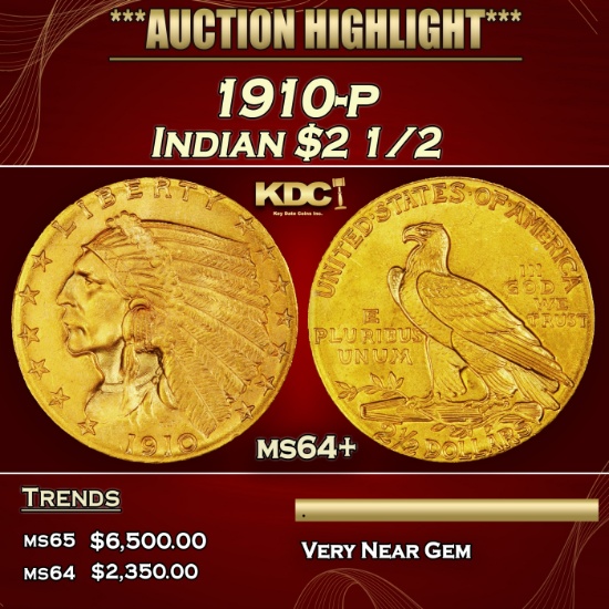 IO 1910-p Gold Indian Quarter Eagle $2 1/2 ms64+ SEGS