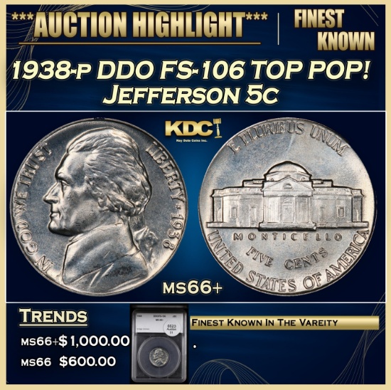 YC 1938-p DDO FS-106 Jefferson Nickel TOP POP! 5c ms66+ SEGS