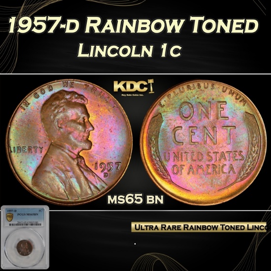 PCGS 1957-d Lincoln Cent Rainbow Toned 1c ms65 bn PCGS