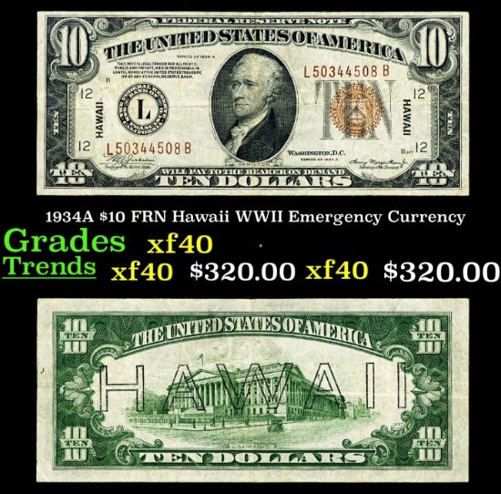 1934A $10 FRN Hawaii WWII Emergency Currency Grades xf