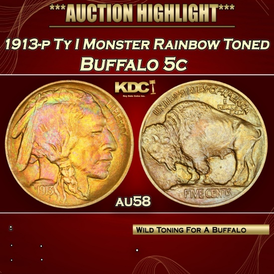 PCGS 1913-p Ty I Buffalo Nickel Monster Rainbow Toned 5c au58 PCGS