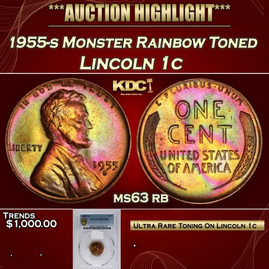 PCGS 1955-s Lincoln Cent Monster Rainbow Toned 1c ms63 rb PCGS