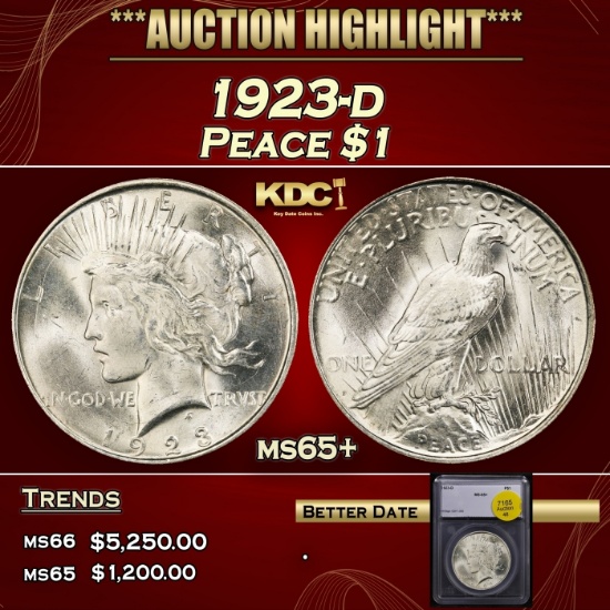 1923-d Peace Dollar $1 ms65+ SEGS