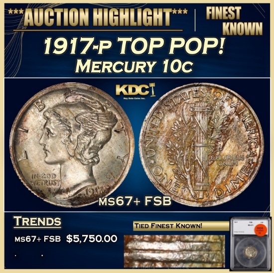 1917-p Mercury Dime TOP POP! 10c ms67+ FSB SEGS