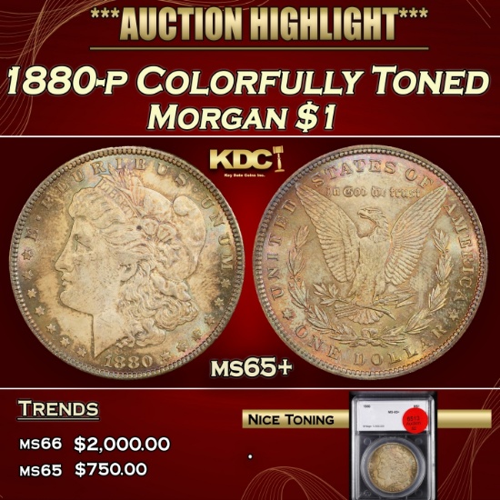 YO 1880-p Morgan Dollar Colorfully Toned $1 ms65+ SEGS
