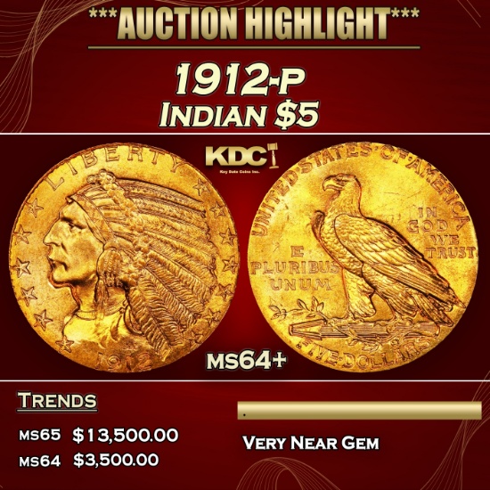 IO 1912-p Gold Indian Half Eagle $5 ms64+ USCG