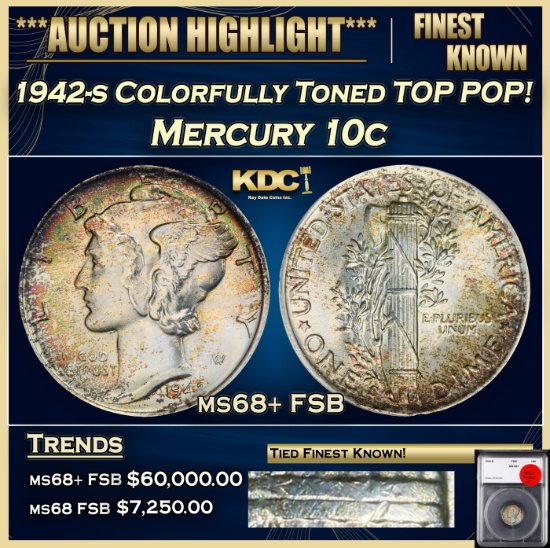 YO 1942-s Mercury Dime Colorfully Toned TOP POP! 10c ms68+ FSB SEGS