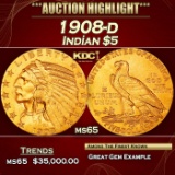 IO 1908-d Gold Indian Half Eagle $5 ms65 USCG