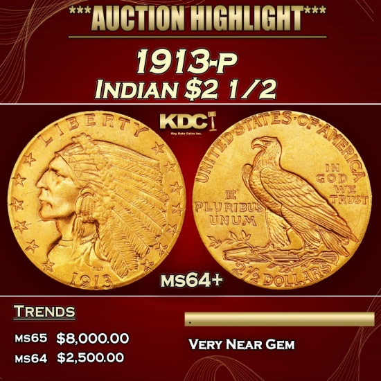 YO 1913-p Gold Indian Quarter Eagle $2 1/2 ms64+ SEGS