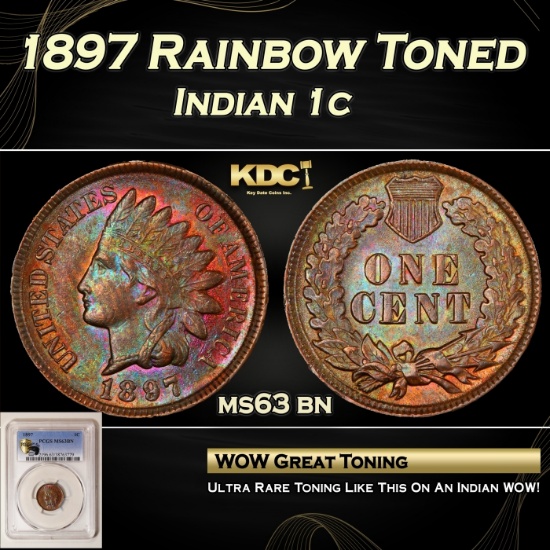 PCGS 1897 Indian Cent Rainbow Toned 1c ms63 bn PCGS