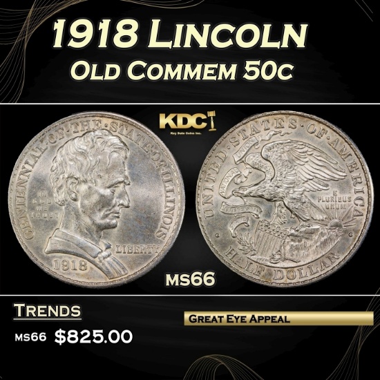 1918 Lincoln Old Commem Half Dollar 50c Grades ms66