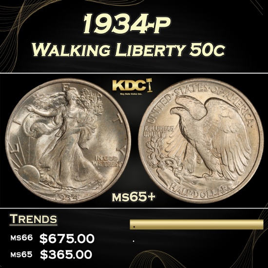 YO 1934-p Walking Liberty Half Dollar 50c Grades ms65+