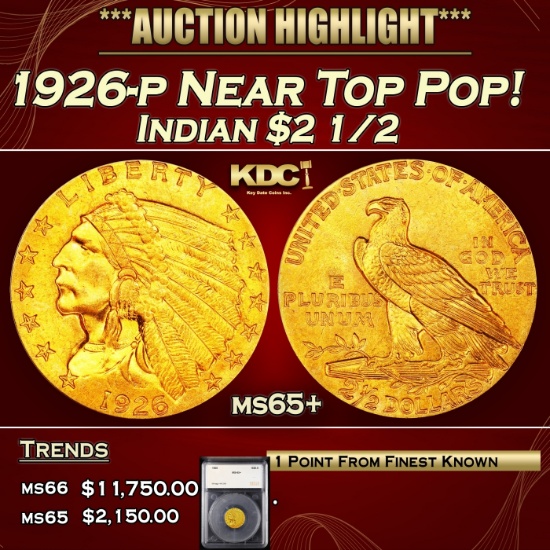 YO 1926-p Gold Indian Quarter Eagle Near Top Pop! $2 1/2 ms65+ SEGS