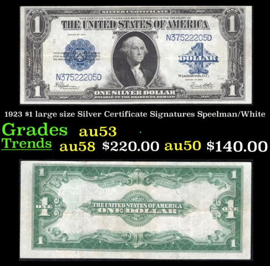1923 $1 large size Silver Certificate Grades Select AU Signatures Speelman/White