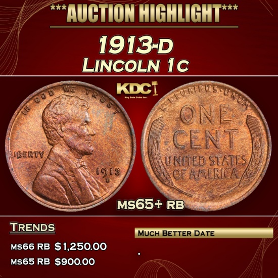 IO 1913-d Lincoln Cent 1c ms65+ rb SEGS