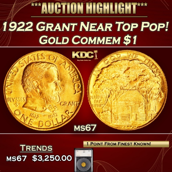 YO 1922 Grant Gold Commem Dollar Near Top Pop! 1 ms67 SEGS