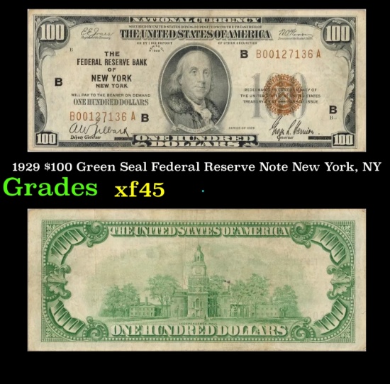 1929 $100 Green Seal Federal Reserve Note New York, NY Grades xf+