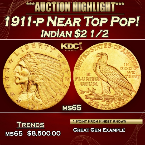 IE 1911-p Gold Indian Quarter Eagle Near Top Pop! $2 1/2 ms65 SEGS