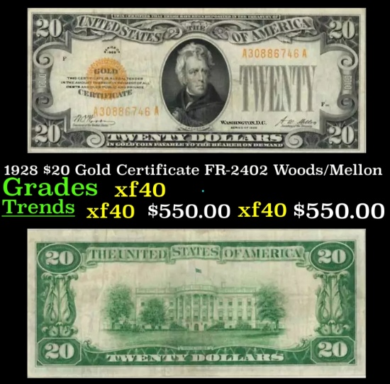1928 $20 Gold Certificate FR-2402 Woods/Mellon Grades xf