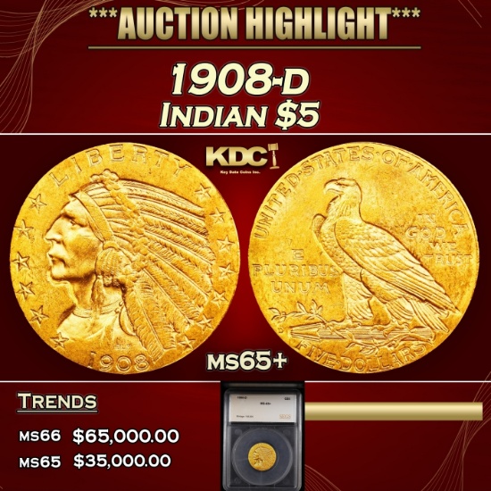 YC 1908-d Gold Indian Half Eagle $5 ms65+ SEGS