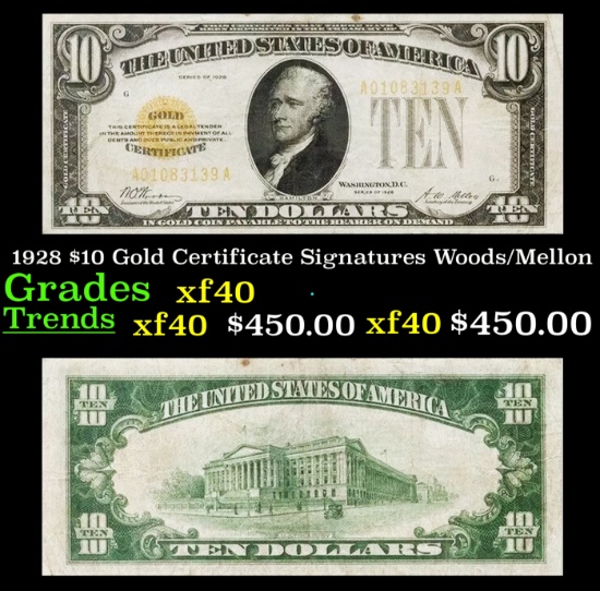 1928 $10 Gold Certificate Signatures Woods/Mellon Grades xf