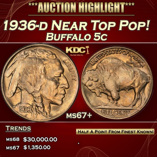 1936-d Buffalo Nickel Near Top Pop! 5c ms67+ SEGS
