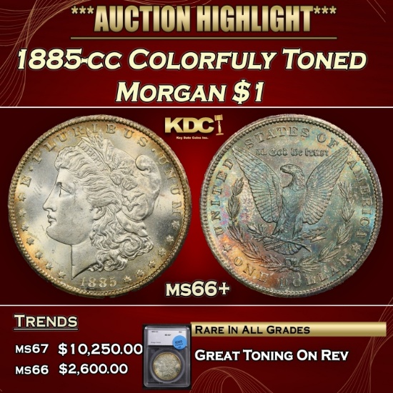 1885-cc Morgan Dollar Colorfuly Toned $1 ms66+ SEGS