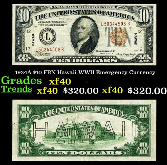 1934A $10 FRN Hawaii WWII Emergency Currency Grades xf