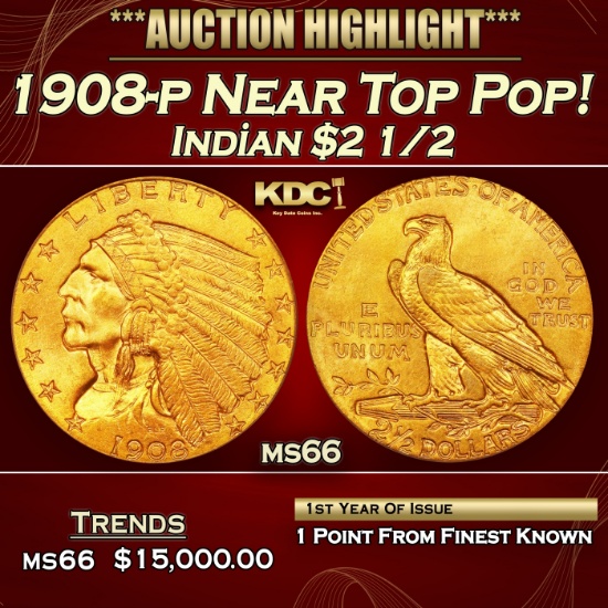 IE 1908-p Gold Indian Quarter Eagle Near Top Pop! $2 1/2 ms66 USCG