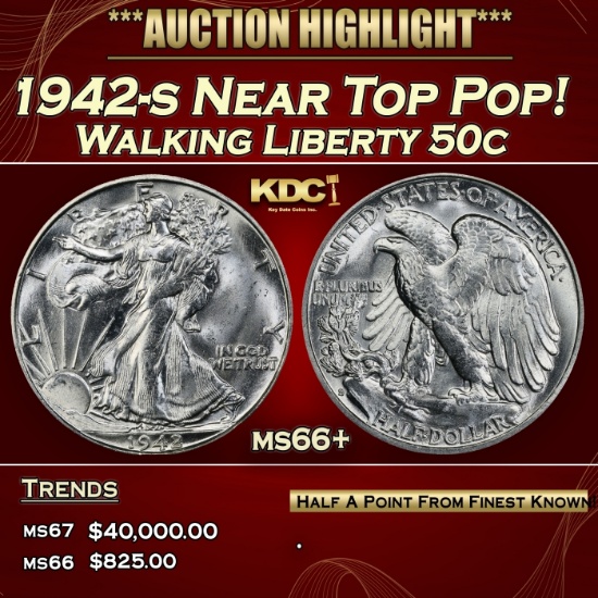 YO 1942-s Walking Liberty Half Dollar Near Top Pop! 50c ms66+ SEGS
