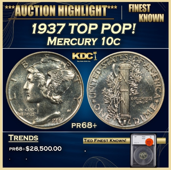 1937 Proof Mercury Dime TOP POP! 10c pr68+ SEGS