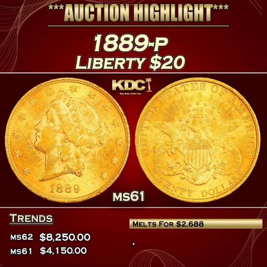 PCGS 1889-p Gold Liberty Double Eagle $20 ms61 PCGS