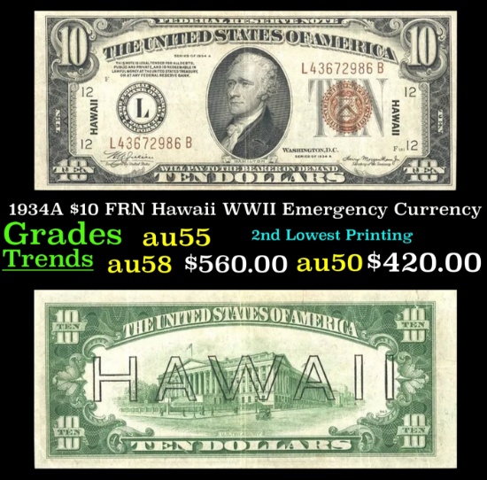 1934A $10 FRN Hawaii WWII Emergency Currency Grades Choice AU