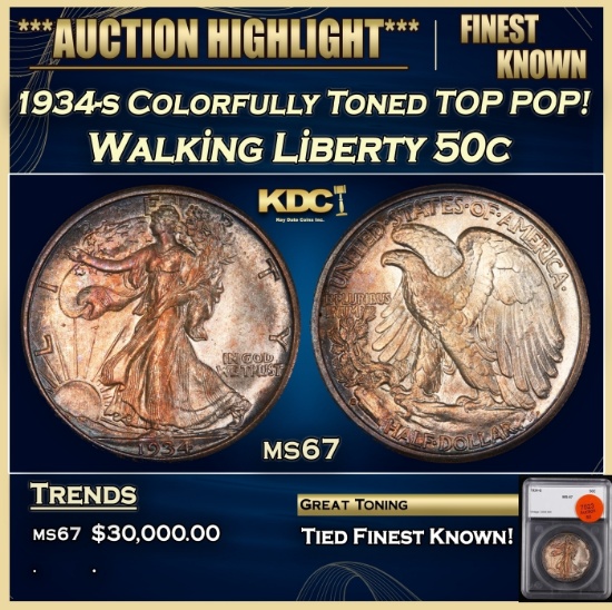 1934-s Walking Liberty Half Dollar Colorfully Toned TOP POP! 50c ms67 SEGS