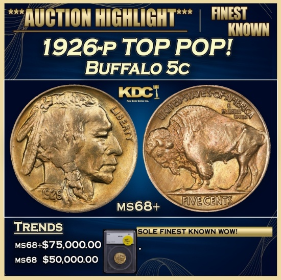 1926-p Buffalo Nickel TOP POP! 5c ms68+ SEGS