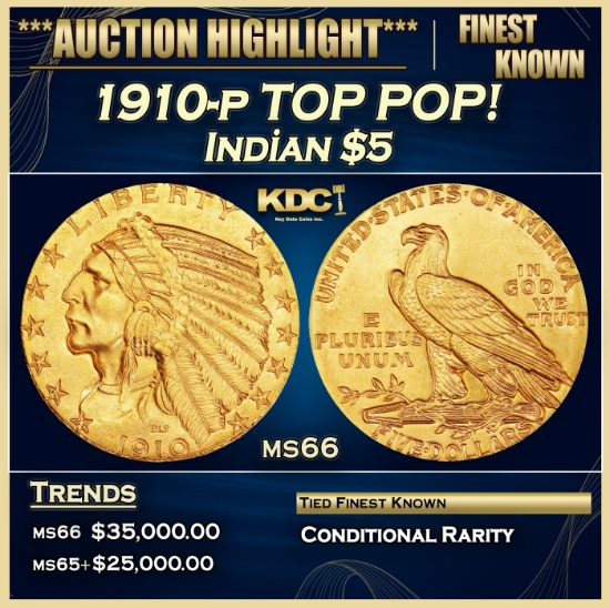 IE 1910-p Gold Indian Half Eagle TOP POP! $5 ms66 USCG
