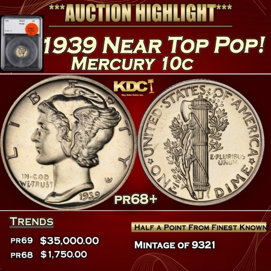 1939 Proof Mercury Dime Near Top Pop! 10c pr68+ SEGS
