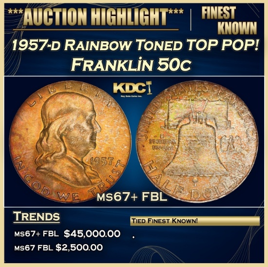 1957-d Franklin Half Dollar Rainbow Toned TOP POP! 50c ms67+ FBL SEGS