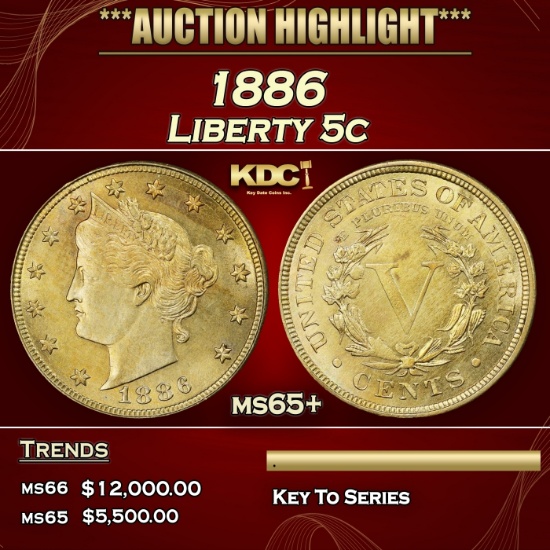 1886 Liberty Nickel 5c ms65+ SEGS