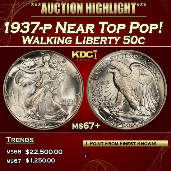 IE 1937-p Walking Liberty Half Dollar Near Top Pop! 50c ms67+ SEGS