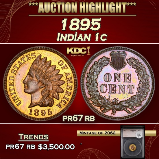 YC 1895 Proof Indian Cent 1c pr67 rb SEGS
