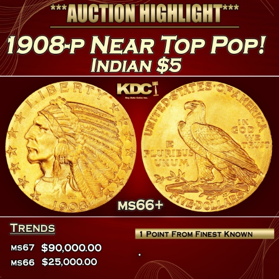 IE 1908-p Gold Indian Half Eagle Near Top Pop! $5 ms66+ USCG