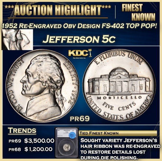 1952 Re-Engraved Obv Design FS-402 Proof Jefferson Nickel TOP POP! 5c pr69 SEGS