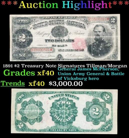 1891 $2 Treasury Note Grades xf Signatures Tillman/Morgan