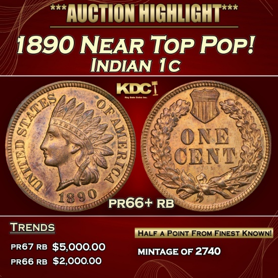 IO 1890 Proof Indian Cent Near Top Pop! 1c pr66+ rb SEGS