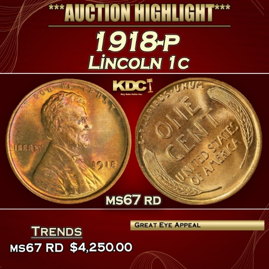 1918-p Lincoln Cent 1c ms67 rd SEGS