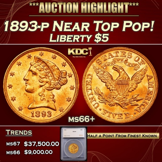 1893-p Gold Liberty Half Eagle Near Top Pop! $5 ms66+ SEGS