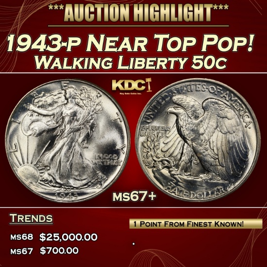 IO 1943-p Walking Liberty Half Dollar Near Top Pop! 50c ms67+ SEGS