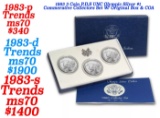 1983 3 Coin P,D,S UNC Olympic Silver $1 Commerative Collectors Set W/ Original Box & COA
