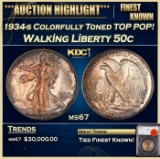 1934-s Walking Liberty Half Dollar Colorfully Toned TOP POP! 50c ms67 SEGS